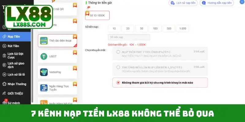 7 kênh nạp tiền LX88 không thể bỏ qua